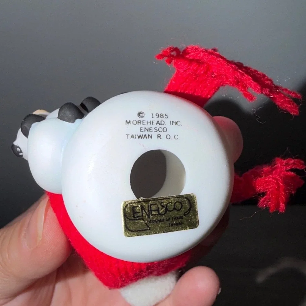 Vintage 1985 Enesco Morehead Snowman with Panda Figurine Red Knit Hat Scarf